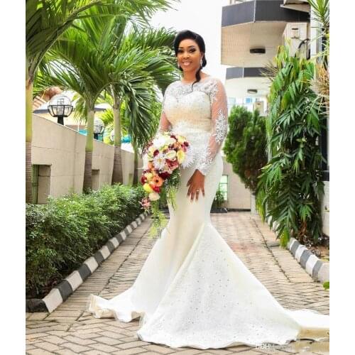 South Africa Long Sleeves Mermaid Wedding Dress Ivory Lace Appliques O Neck Bridal Gowns Custom Made Bride Dresses Robe Mariee