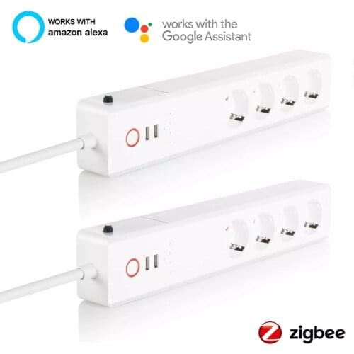 Tuya Zigbee EU Socket 16A Smart Power Strip Bar Plug Extension Cord with 4 AC Plugs and 2 USB Work with Alexa Google Assistant
