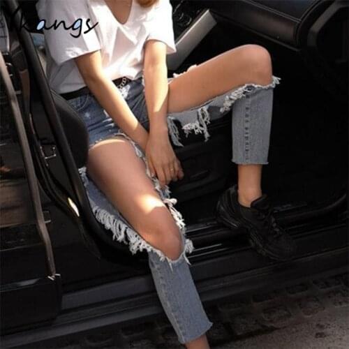 Vintage Big Hole destroyed Ripped Boyfriend Jeans For Women High Waisted Slim Jeans skinny Tattered Denim Mom Jeans Streetwear