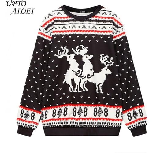 Woman Black Deer Print Hoodie Femme Christmas Sweatshirt Womens Long Sleeve Tops Street Wear Fashion Clothing Big Hoodies