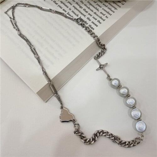 Pearl Necklaces for Women White Faux Reflective Characteristic Choker 17.72" with Alloy Chain Rhinestone Decorated Cross