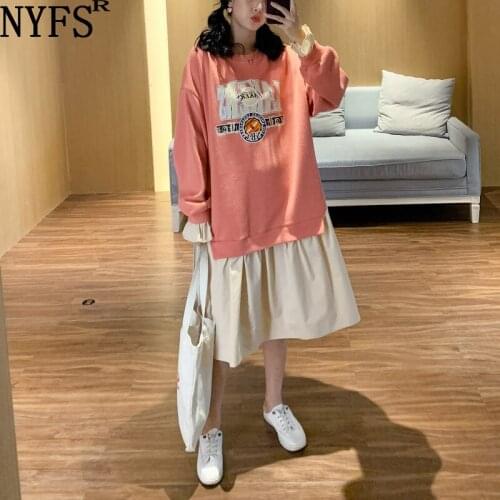 NYFS 2021 New Korean Fat mm Autumn Winter Loose Patchwork Fake two Woman Dress Vestidos Robe femme Elbise Fashion Dress
