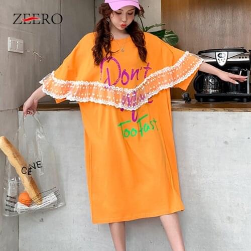 2021 Korean Casual Letter Print Splicing Lace Ruffle Loose Black Dresses for Women Summer Midi Plus Size Dress Vestido De Mujer