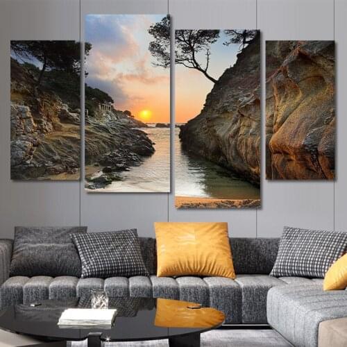 Natural Landscape Sunrise Scenery Modern Painting Canvas Home Decor Living Room Wall Art Decoration Painting by Numbers 4 pieces