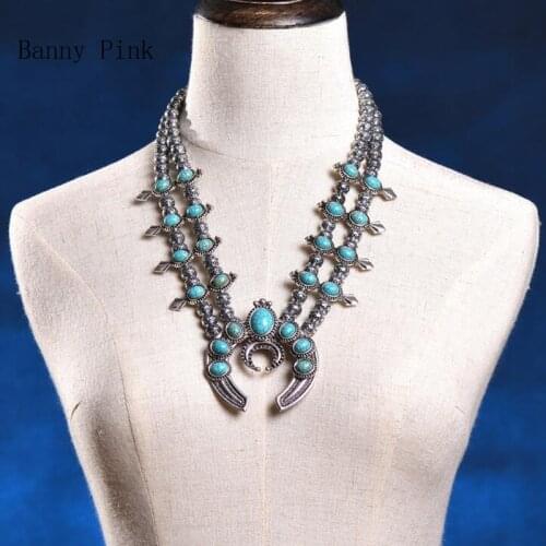 Bohemia Synthetic Stone Statement Chain Necklace For Women Ethnic Alloy Crescent Pendant Necklace Fashion Jewelry Colliers Colar