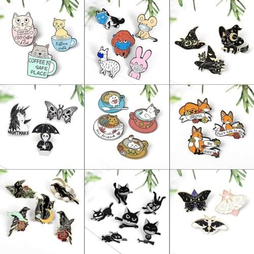 GDHY 3~6pcs/set Enamel Pin Coffee cup cat fox Black crow cat Butterfly moth Witch Cats cup Animal Brooch Badge Cartoon Jewelry