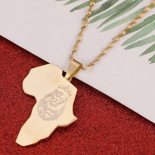 Africa Lion Heart Map Necklace Gold Color Pendant Chain African Map Gift for Men Women Ethiopian Jewelry