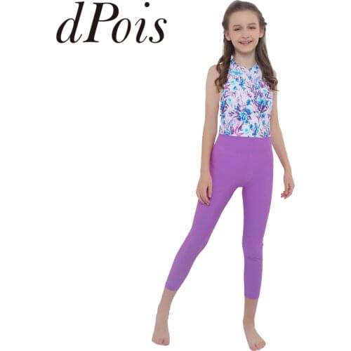 Kids Girls One-piece Swimwear Sport Jumpsuit Halter Neck Open Back High Waist Pants Gymnatics Jumpsuits Sleeveless Bodysuit