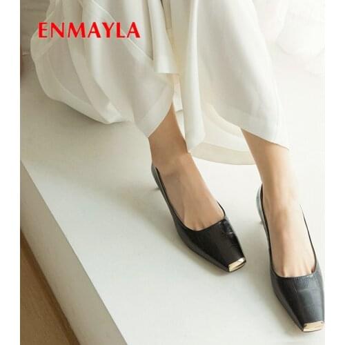ENMAYLA 2020 Genuine Leather Elegant High Heel Shoes Slip-On Pointed Toe Ladies Shoes Square Heel Fashion Wedding Shoes 34-39