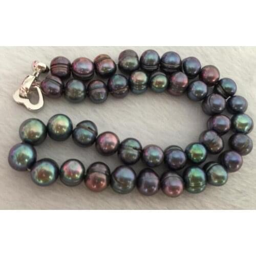 Huge9-10mm south sea baroque black green pearl necklace 18inch 925s