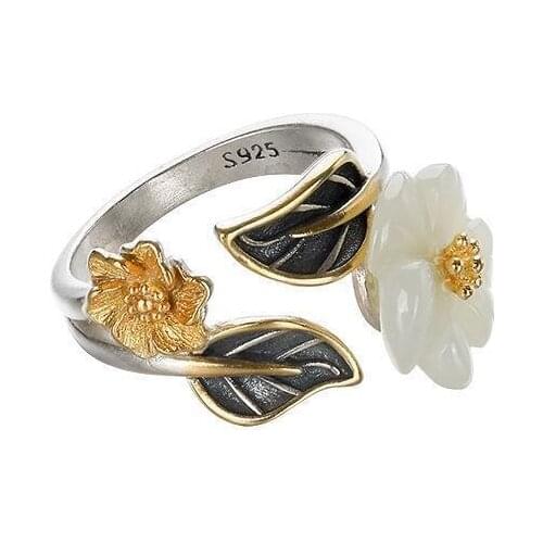 Real 925 sterling silver inlaid jade plum blossom ring with retro temperament personality open index finger ring