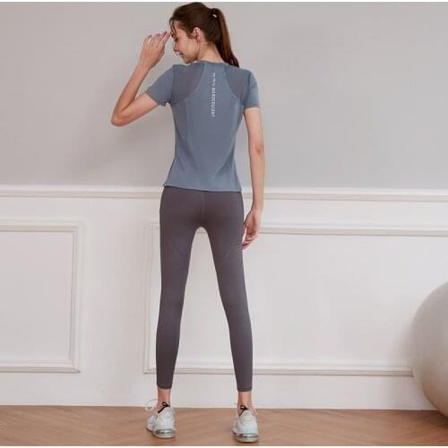 Yoga Sets Womens 2 PCS Set Leggings + Mesh Spliced Round Neck Short Sleeve Gym Clothing Fitness Sportswear Workout Sports Suits