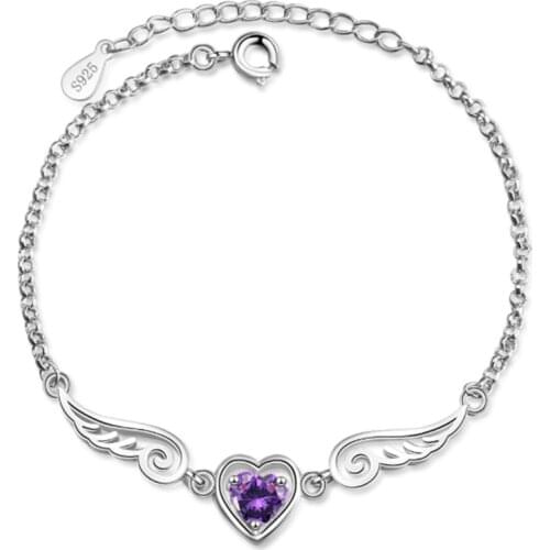 Korean version of the wind simple personality cute angel lovers wings purple love crystal silver plated bracelets JO015