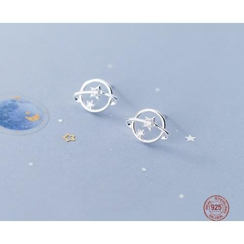 LKO 925 Sterling Silver Women Stud Earrings Sweet Temperament Inset Zircon Hollow Star Planet Earrings Girl Cute Student Earring