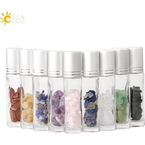 CSJA Refillable Essential Oil Bottle Diffuse Perfume Energy Healing Natural Chip Stone Reiki Roller Ball Glass Bottles 10ml G518