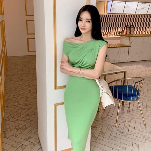 Fashion women new arrival comfortable off shoulder basic elegant formal dress vintage party sexy slim cute green pencil dress