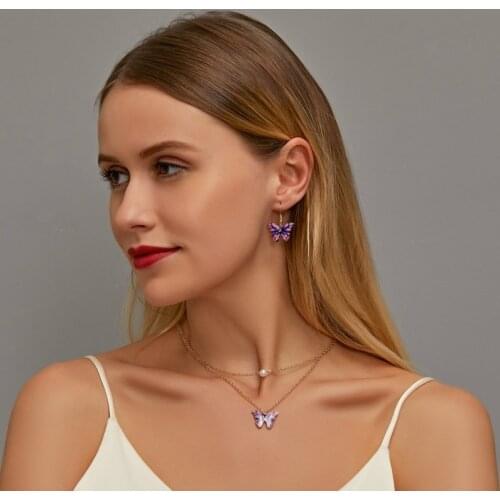 Earring Necklace Set Color Double Pearl Butterfly Pendant Necklace Earrings for Women 2020 Trend New Korean Fashion Jewelry Set