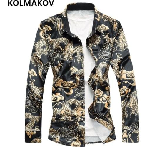 2019 New Chinese Style Mens Dress Long Sleeve Cotton Casual Shirts Men Slim Fit Large Social Shirt Man Printed Plus Size M-7XL