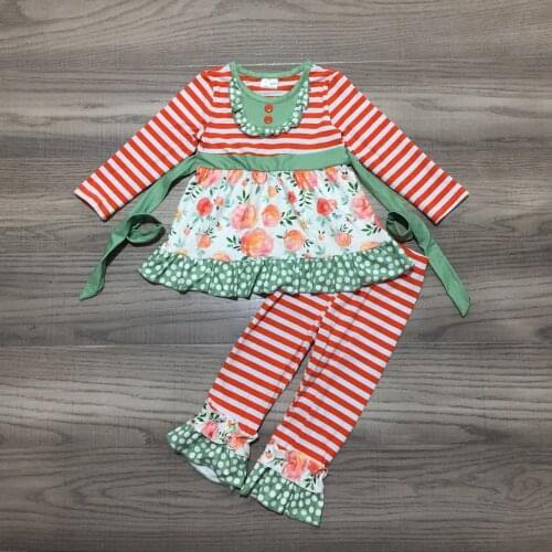 Fall Winter Girl Red Stripe Clothes Floral Dress with Pants