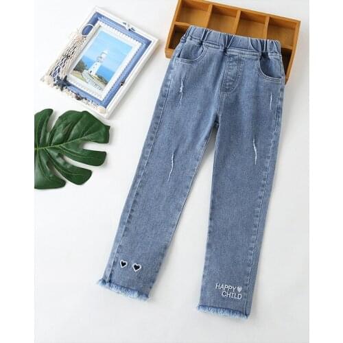 Autumn Girls' Jeans Korean Casual Light Blue Classic Letter Heart Embroidery Micro Elastic Fringed Hem Fashion Pants 2021 NEW