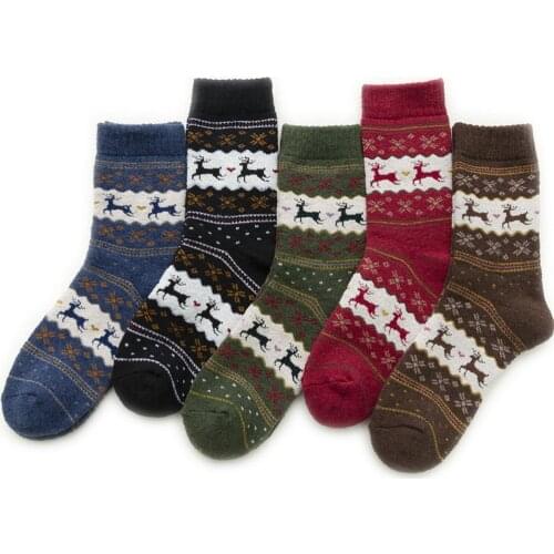 Womens Autumn Winter Thickened Warmth Wool Warm Knit Mid-Tube Christmas Deer Pattern Socks 5 Pairs / Pack