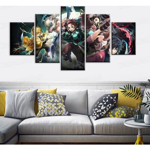 Demon Slayer Poster - Japanese Anime Wall Scroll Poster - 5 Pcs HD Canvas Printing Poster for Living Room, Bedroom, Club Wall Ar