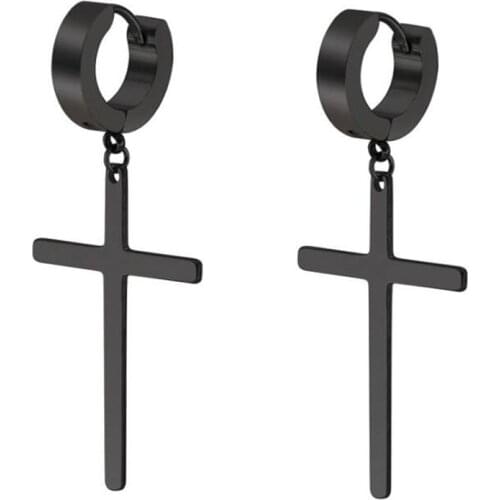 1 Pair Punk Super Big Cross Stainless Steel Hoop Earring Men Silver Black Earring Jewelry