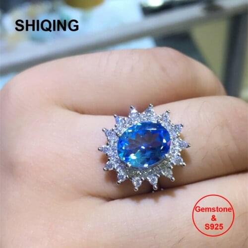 SHIQING Boutique fine jewelry store nature blue topaz rings, gemstone silver flower 8*10mm stone rings for women