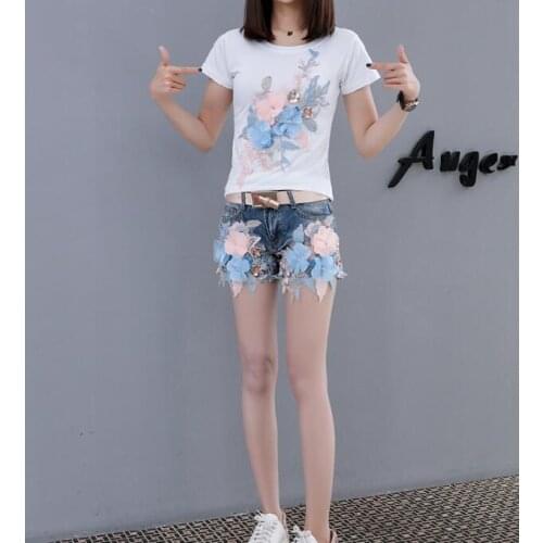 Womens Korean Fashion Summer Blue Flower embroidery Shorts Female Sexy Tassel Jeans Plus Size short Pants TB640