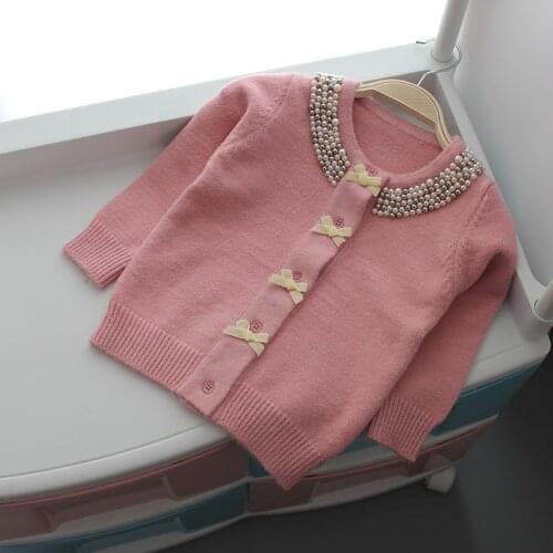 Baby Girls Sweater Spring Girls Cardigan Coat Woolen Christmas Children Sweater Jacket Knitted Bow Pearl Girls Clothes Outerwear