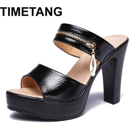TIMETANGPlus Size 35-43 Top Quality Patent Leather Slippers for Women New Platform High Heels Women Outdoor Slides Office Slides
