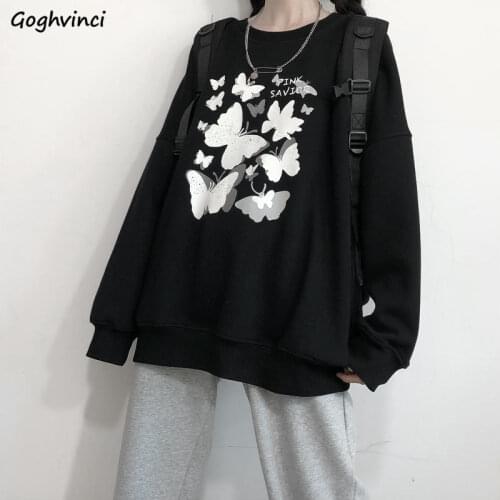 Hoodies Women Thicken Long Sleeve O-neck Butterfly Printed Harajuku Kroean Style Dark Daily Stylish Basic Preppy Soft Hot Sale