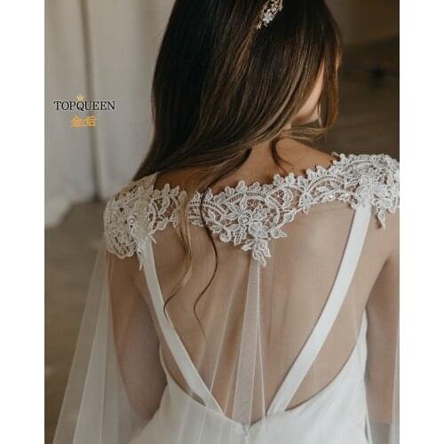 TOPQUEEN G36 Bridal Shawl Sexy Reverse Decoration Cloak Lace Embroidery for Reverse Wedding Dress Wedding Cape Veil Tulle Cape