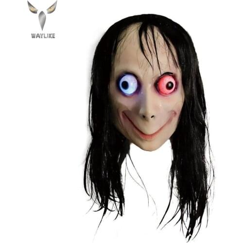 WAYLIKE LED Light MoMo Creepy Mask Scary Challenge Games Evil Latex Mask With Long Hair Halloween Costume Party Props