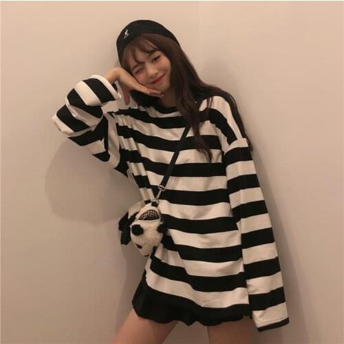 2021 Spring Autumn Stripe Printing Long SleeveT-shirt New Korean Harajuku Graphic Tees Women Streetwear Top Fashion Goth Gothic