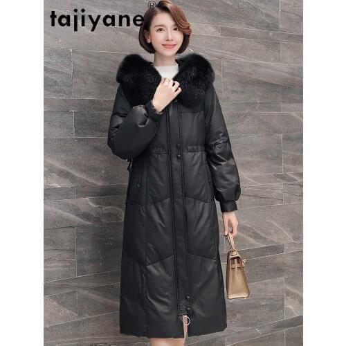 Tajiyane Genuine Leather Jacket Women White Duck Down Coat Woman Fox Fur Collar Hooded Parkas Sheepskin Coats Ropa Mujer TN1336