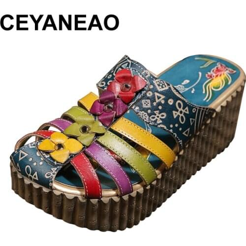 CEYANEAOSummer New Hollow Handmade Shoes Women Slides Genuine Leather Cover Toes Flower Womens Platform Wedges Slippers