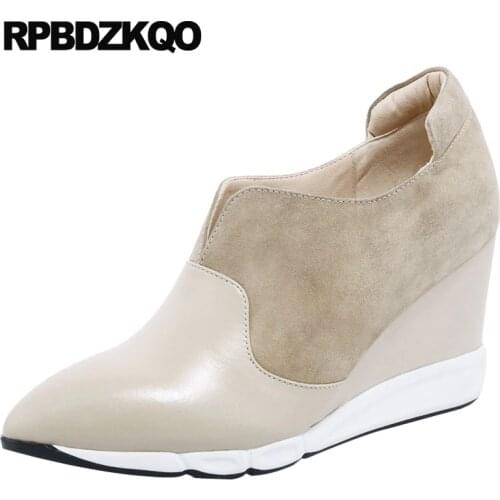 Pointed Toe 8cm Women Nude Size 4 34 2018 Suede Office Wedge Shoes Ladies Pumps Genuine Leather Ankle Boots Medium Heels High