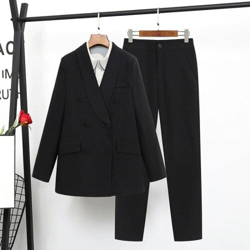 Womens Office Lady Two Pieces Solid Elegant Double Breasted Turn-down Collar Blazers Trouesrs New Pant Suits Plus Size 4XL