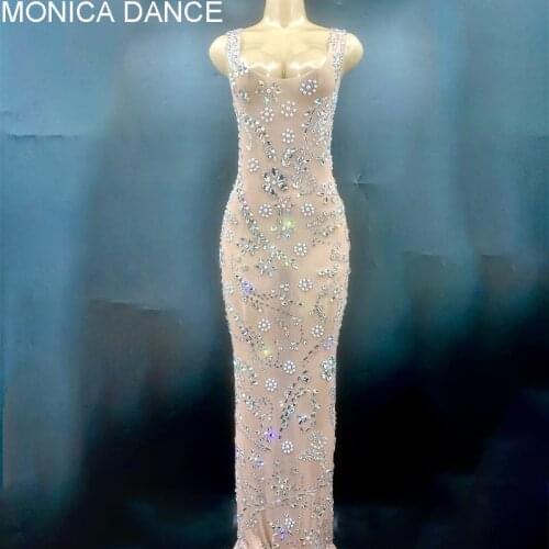 Sexy Sparkly Rhinestones Mesh Long Dress Women Wedding Birthday Celebrate See Through Net Dress Stage Costume Dance Outfit