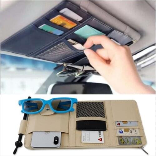 1 Pieces Car Sunshade Card, Eye Clip, Zipper, Mobile Phone Certificate Clip, Storage and Hanging Bag Car Sun Visor PU Skin
