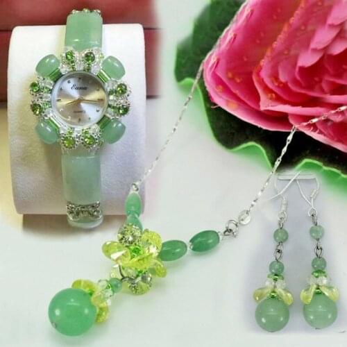 3 Piece Watch + Necklace + Earings Sets Fashion Girls Quartz Watch Women Natural Jade Jewelry wristwatch Students Gifts