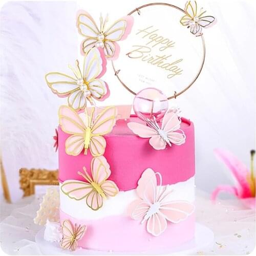 3pcs Butterfly Cake Toppers Happy Birthday Cake Decoration Diy Handmade Birthday Party Dessert Decor Baby Shower Baking Supplies