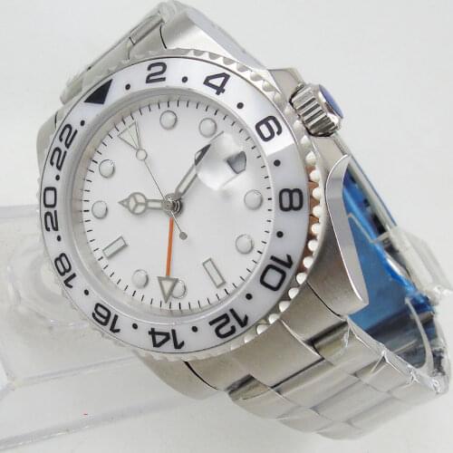 40mm White Dial Self Winding Mens Watch Automatic GMT Movement Sapphire Glass Bracelet Strap Date Window