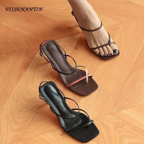 Korean fashion thin strap sandals summer French retro brown black buckle open toe stiletto color matching high-heeled sandals