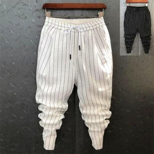 Summer Pants Men Stripe Printing Slim Trousers Trendy Korean Fashion Youth Mens Harem Pants 2021 Big Size Pantalones De Hombre
