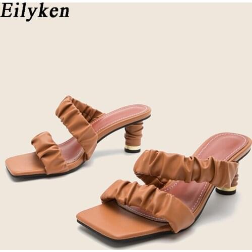 Eilyken Pleated Women Slippers Fashion Square Toe Slip On Low High Heels Women Sandals Mules Slides Shoes Size 35-42