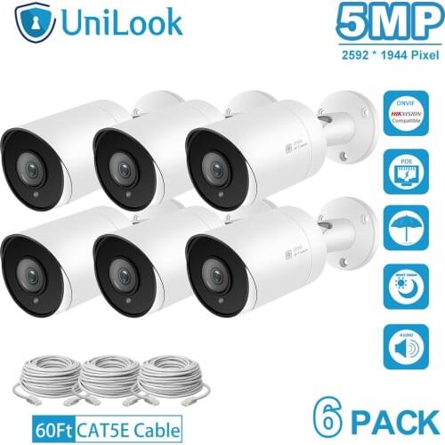 UnilLook 5MP Bullet IP Camera 6PCS Onvif POE Built-in Microphone SD Card Slot IR 30m Security Camera Outdoor IP 66 H.265 ONVIF