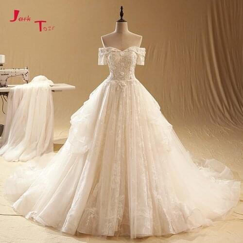 Jark Tozr Off The Shoulder Short Sleeve Pearls Appliques Lace Ball Gown Wedding Dress Plus Size Vestido De Noiva Renda