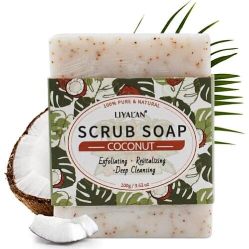 Coconut Oil Exfoliating Scrub Soap Skin Whitening Shrink Pores Anti Acne Handmade Rich Foam Body Bath Natural Herbal Soap 100g